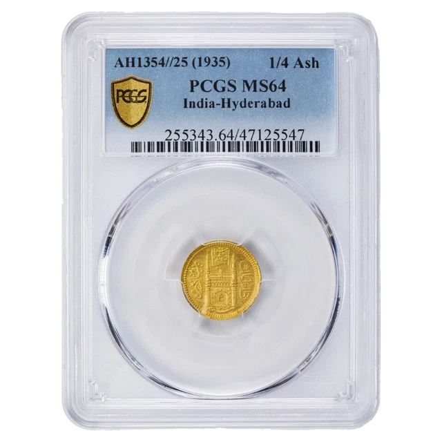 India Hyderabad AH1354 25 (1935) 1/4 Ashrafi PCGS MS-64 Y# 55