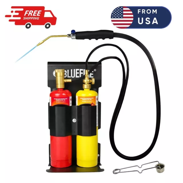 BLUEFIRE Oxygen MAPP Propane Welding Torch Kit MAP Gas Cylinder Rack Flint Light