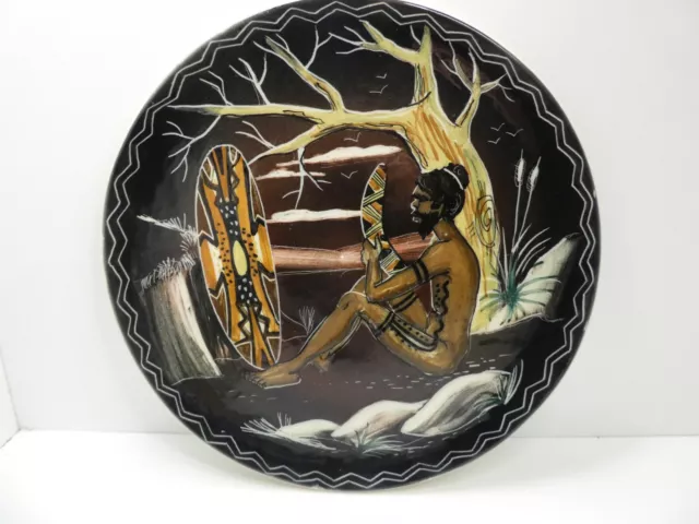 Huge Vande Australian Pottery Artist Painted Aboriginal With Shield & Boomerang