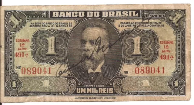 Banknote 1923 Brazil Um Mil Reis Handsigned