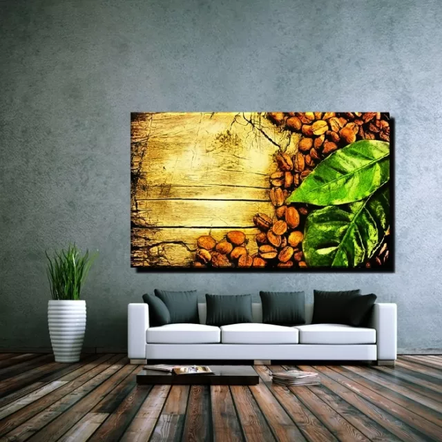 LEINWAND BILD BILDER XXL POP ART KAFFEE BOHNEN KÜCHE HOLZ BLÄTTER BIS 150x90