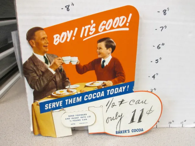 BAKER'S COCOA hot chocolate breakfast '30s grocery store display sign father son