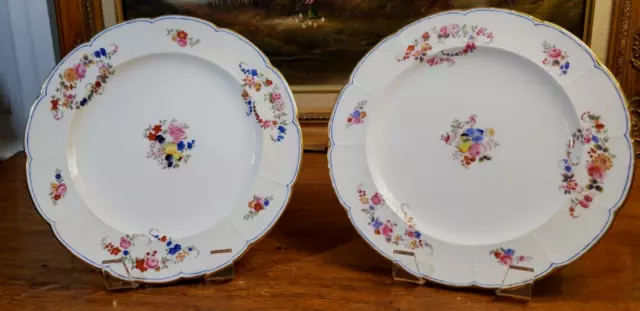 Pair Antique Minton Hand Painted Plates Dresden Florals Blue Gold Set 3