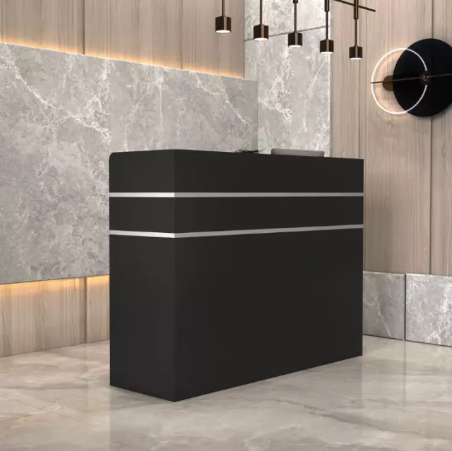 Reception Desk Office Counter Top Black Wood Checkout Register Conference Shape