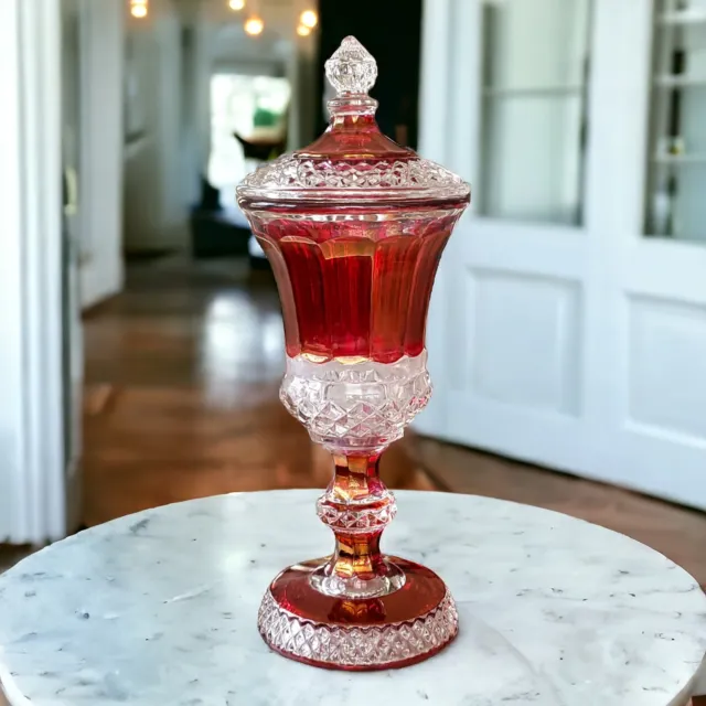 Vintage Westmoreland USA 1943 Ruby Flash Pattern Paneled Footed Glass Urn & Lid