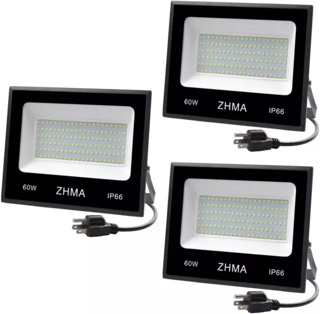 ZHMA 3 Pack 60W LED Flood Light with Plug(Warm White),6000Lm Super Bright Securi