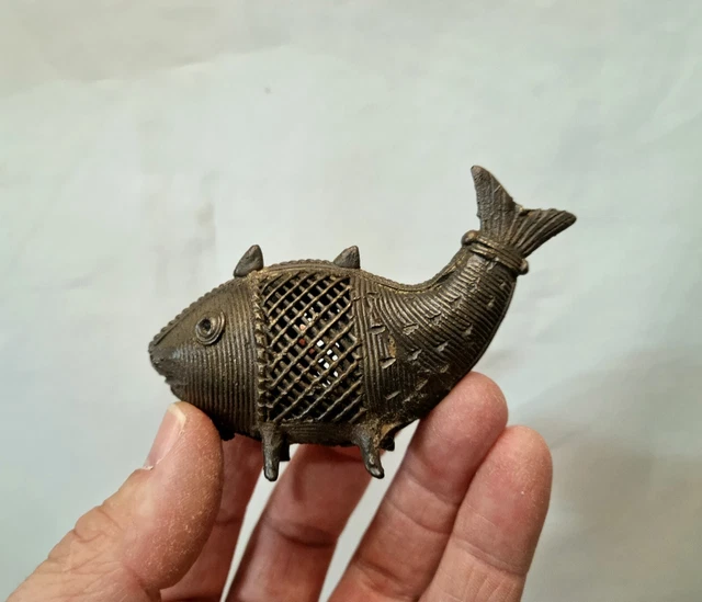 Vintage Indian cast bronze dhokra fish figurine using lost wax casting technique 2