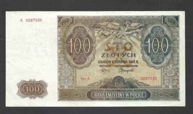 100 Zlotych Extra Fine Crisp Banknote  From German Occupied Poland 1941 Pick-103