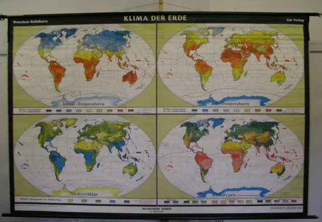 Schul-Wandkarte Belle Vieux Carte Du Monde Climatiques 248x163cm Vintage ~1960