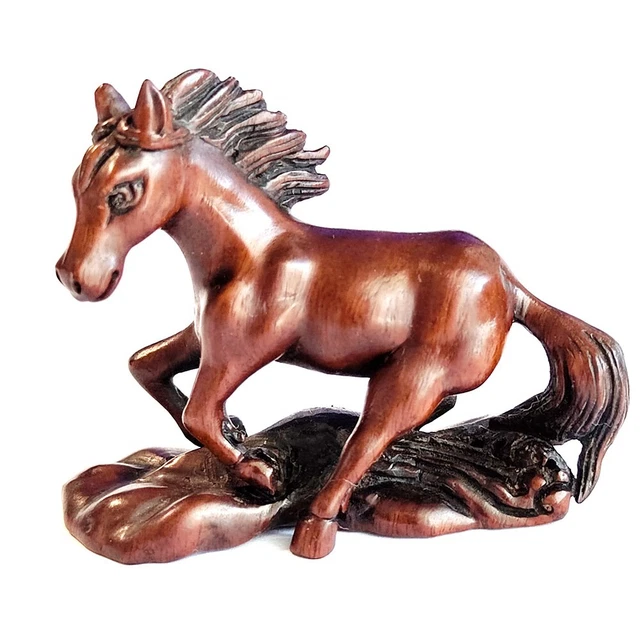 F028 - 30 Years OLD 2" Collectible Ebony Ironwood Netsuke - Handsome Horse