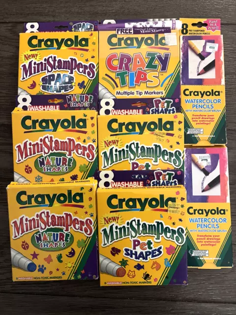 Lot of 6 Vintage Crayola Mini Stampers Markers 1993 & Watercolor Pencil ALL WORK