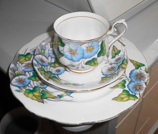 Royal Albert Morning Glory Flower Of The Month Trio Teacup Saucer Dessert Plate