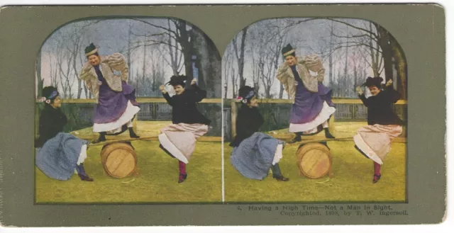 Having A High Time, Not A Man In Sight, Ladies/Teeter Totter, c1900's Stereoview