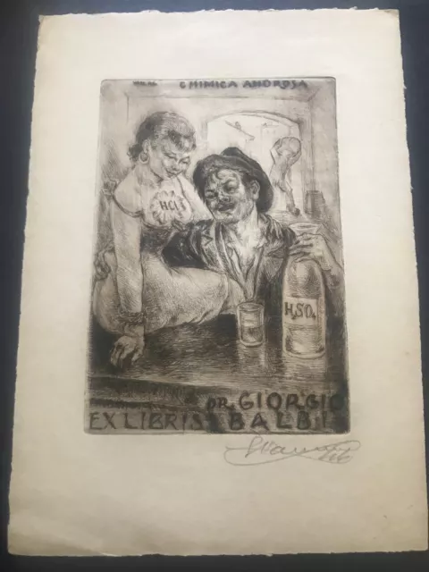 ex libris puntasecca firmata di Enrico Vannuccini 1900-1990 per Giorgio Baldi