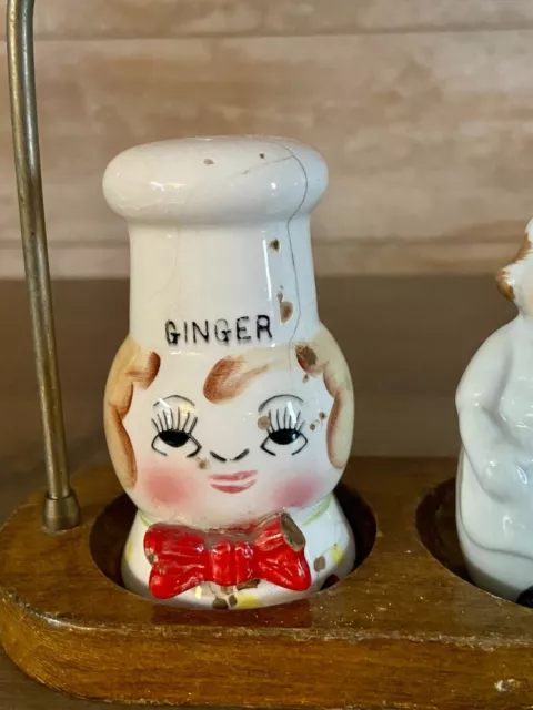 VINTAGE Chef Ginger & Old Woman Holding Spoon - Salt/Pepper Shakers w/Wood Stand 2