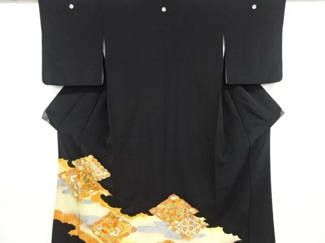 41729# JAPANESE KIMONO / ANTIQUE TOMESODE / EMBROIDERY / RHOMBUS FLORAL CREST &a