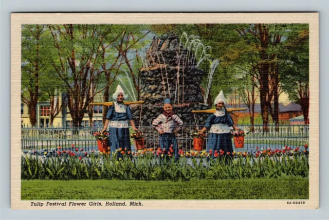Holland MI, Tulip Time Festival, Flower Girls, Fountain VintageMichigan Postcard