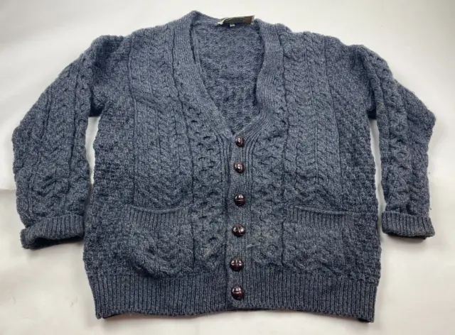 ARAN Sweater Market Cable Knit 100% MERINO WOOL Gray Cardigan Unisex Size M