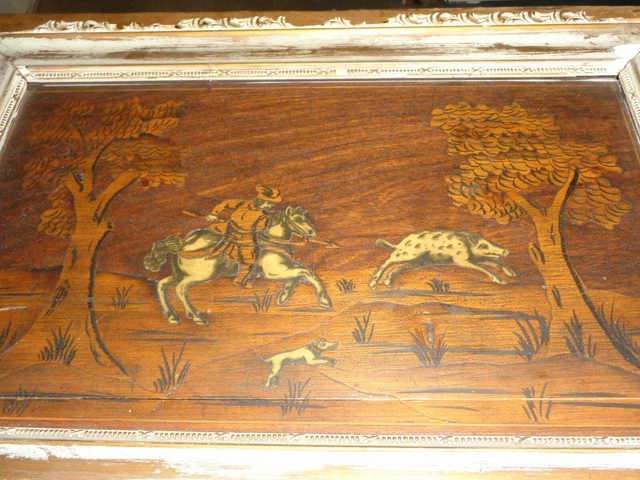 South German Marquetry on Wood Panel Hunting Late 18th Early 19th Framed 24 x 16