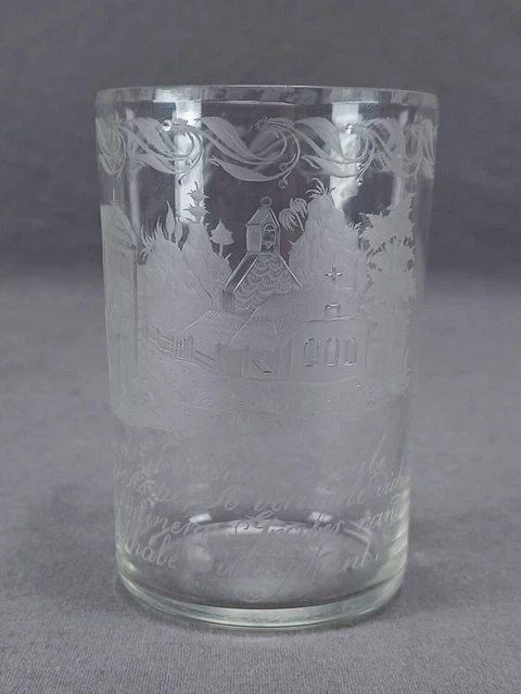 Mid 19th Century German Engraved Praying Man & Church Scene Tumbler