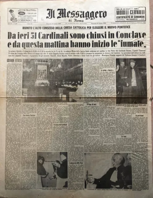 Elezione Papa giornale Il Messaggero originale 26 ottobre 1958