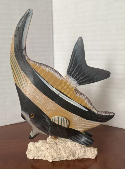 Vintage Tropical 6” Angel Fish Figurine Wooden Hand Carved & Hand Painted