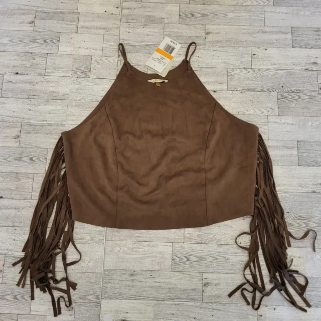 Soprano Mocha Faux Suede Fringe Halter Crop Tank Top Sexy Biker Boho Hippie NWT