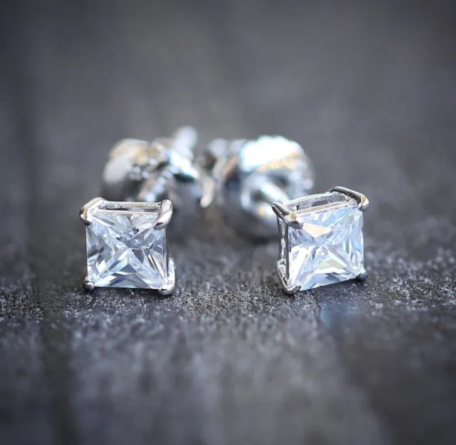 Princess Cut Cz Small Men's Women's Mini Screw Back Stud Solitaire Earrings