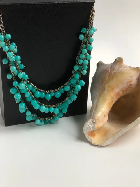 BOHO Multi Layered Glass Jade Beaded Necklace Multi Strand Gold Tone  20” N4