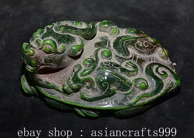 4.4" Ancient Chinese Green Jade Carved Fengshui Dragon Tortoise Turtle Sculpture