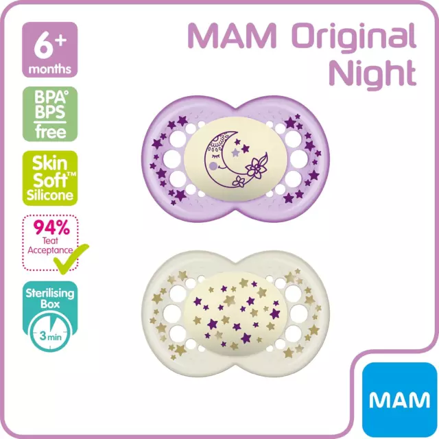 MAM Night Soothers 6+ Months Pack of 2, Glow in the Dark Baby Soothers with Self 2