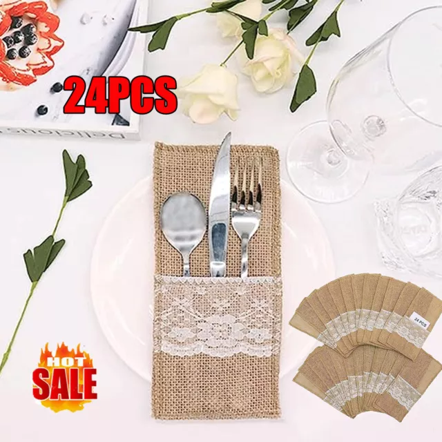 24x Burlap Lace Cutlery Holder Pouch Knifes Forks Bag Rustic Wedding Party Decor