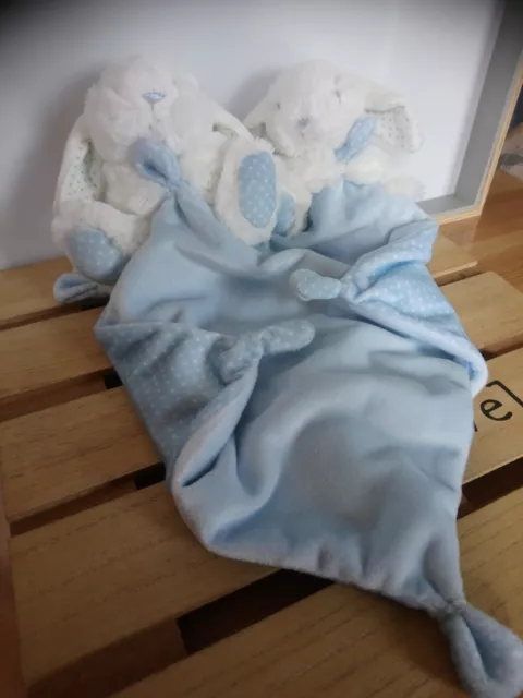 Lot de 2 doudous lapin blanc mouchoir bleu pois Tex état neufs + cadeau