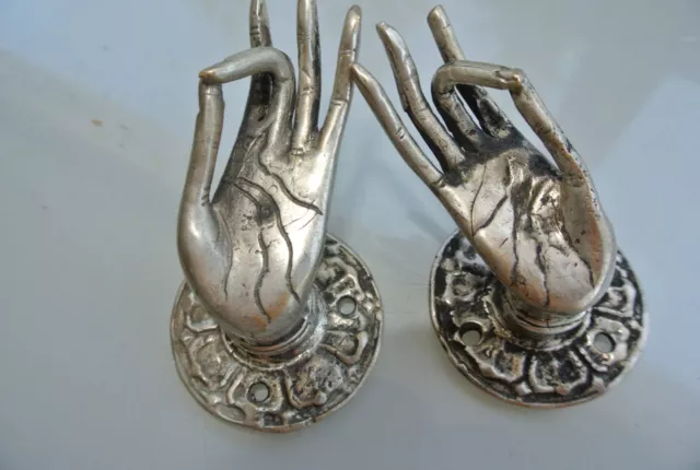 2 used TINY Buddha Pull handle SILVER brass door old style HAND knob hook B