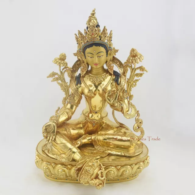 Hand Carved Fine Quality 18" Green Tara / Drolma Copper Statue from Patan, Nepal