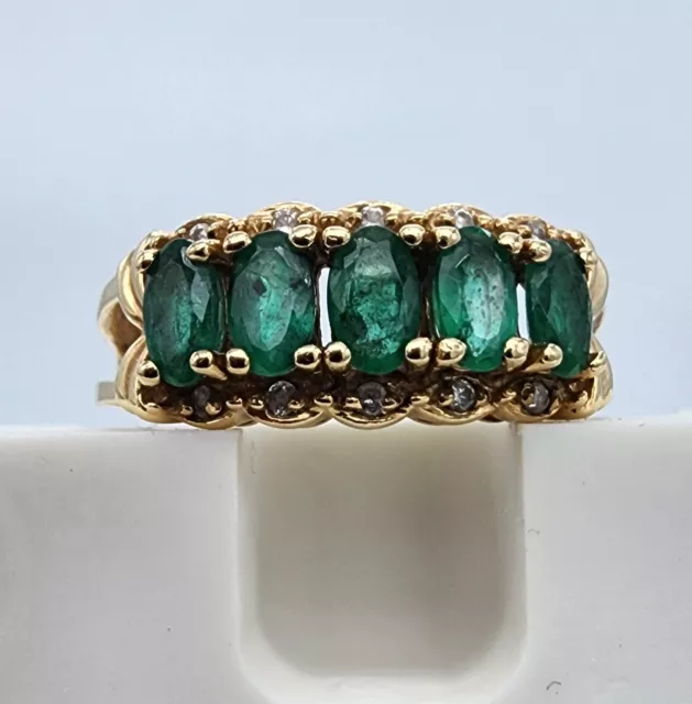 14k .585 Gold EFFY BITA Natural Emerald Marquise Row & Diamond Sz 8 Ring Au 2487