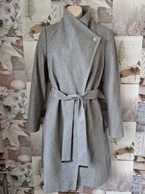 Ted Baker Aurore Grey Long Belted Wrap Collar Wool Coat Size 2 UK 10