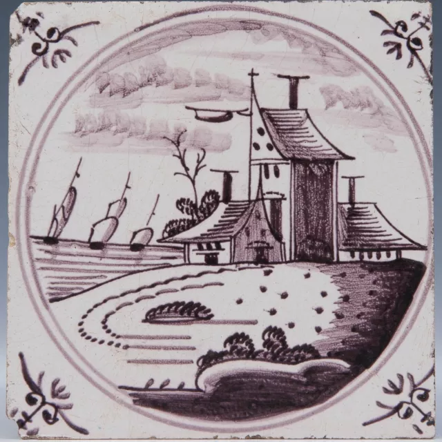 Nice Dutch Delft Manganese tile, landscape with house and ships, 18th. century.