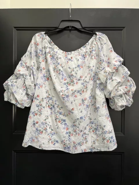 CeCe Floral Eyelet Ruffle Sleeve Peasant Blouse Xl