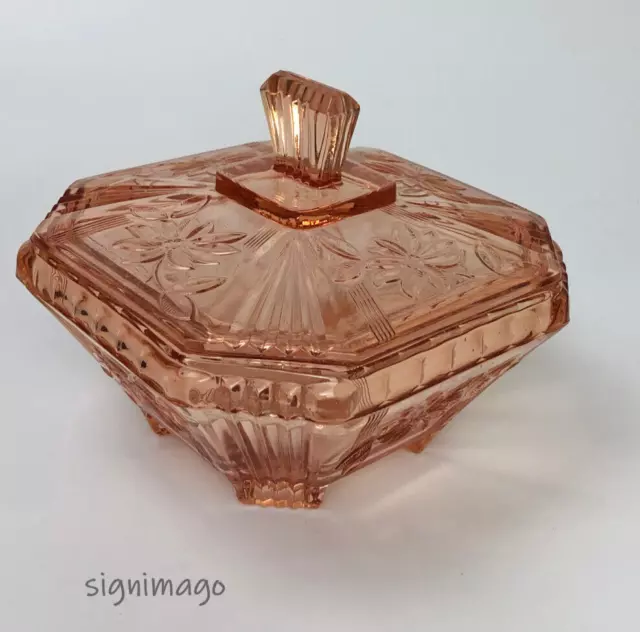 Glasdose Deckel Art Deco Rosalin Pressglas rose Bonboniere Keksdose Schale groß