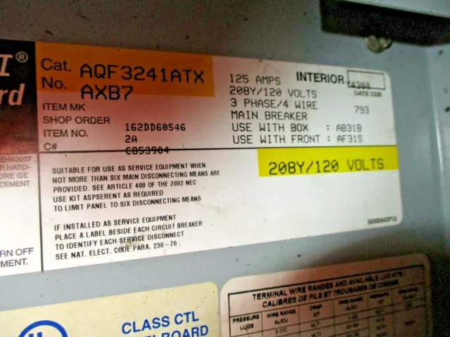 GE Main Breaker Circuit Breaker Panel AQF3241ATX 208Y/120V 3Ph 4W Used 3