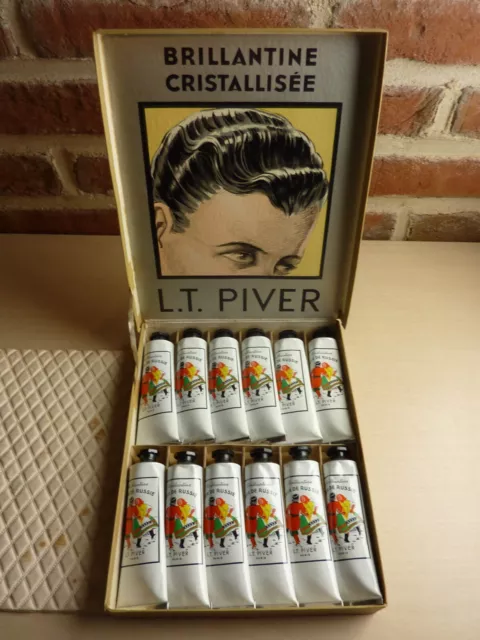 Ancien Coffret De 12 Tubes Brillantine Cristallisee Cuir De Russie De L.t. Piver