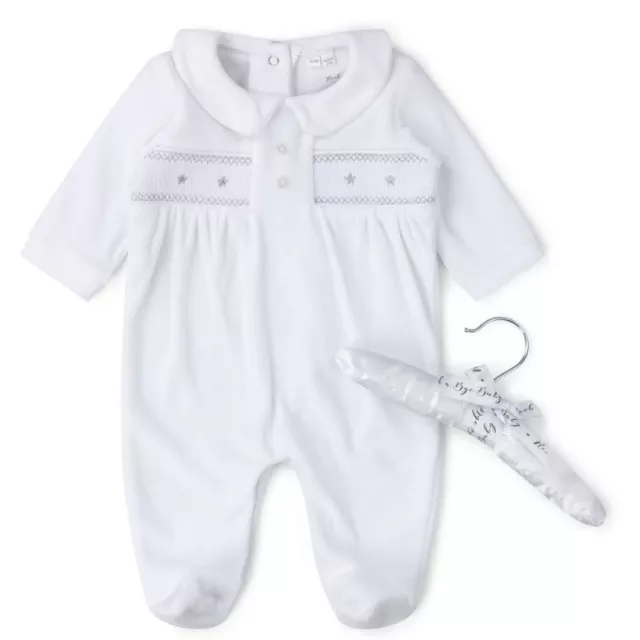 BNWT Baby Boys Girls Spanish Style 'Star' Smocked Sleepsuit & Hanger White Grey