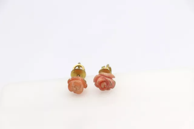 Natural Coral Gemstone Nude Color Rose Carved Silver Gold Plated Old Earrings 3