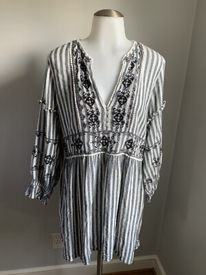 Women's ZARA TRF Blue Striped Floral Embroidery Dress V-Neck Long Sleeve Size L