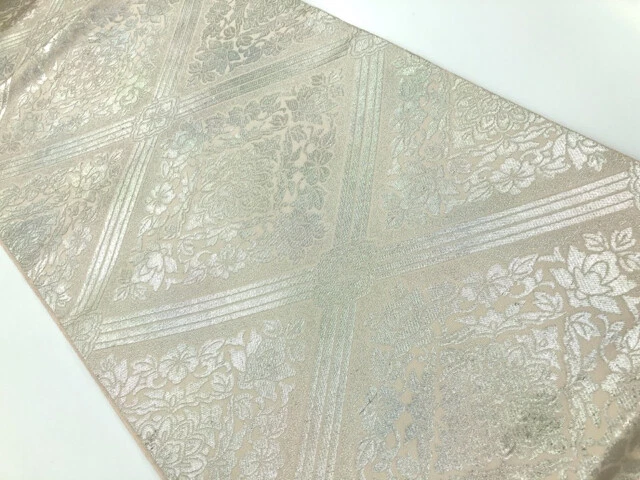 6341267: Japanese Kimono / Antique Fukuro Obi / Woven Rhombus With Arabesque & F
