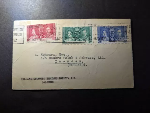 1937 British Ceylon Cover Colombo to Zaandam Netherlands