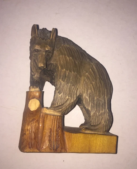 Wooden Carved Bear on Tree Trunk - Vintage Black Forest  Piece