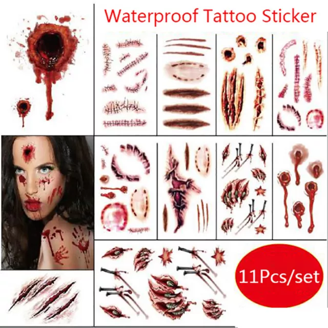 11 pegatinas de tatuaje de Halloween cicatriz de herida falsa moretones decoración zombies Cos ZR