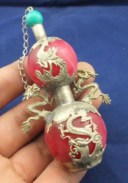 Chinese Tibetan silver Dragon and Phoenix Red Jade snuff bottle